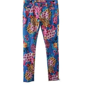 U-51 Blue Floral Print Stretch Skinny Jeans Womens Sz 9 Lightweight Low Rise‎